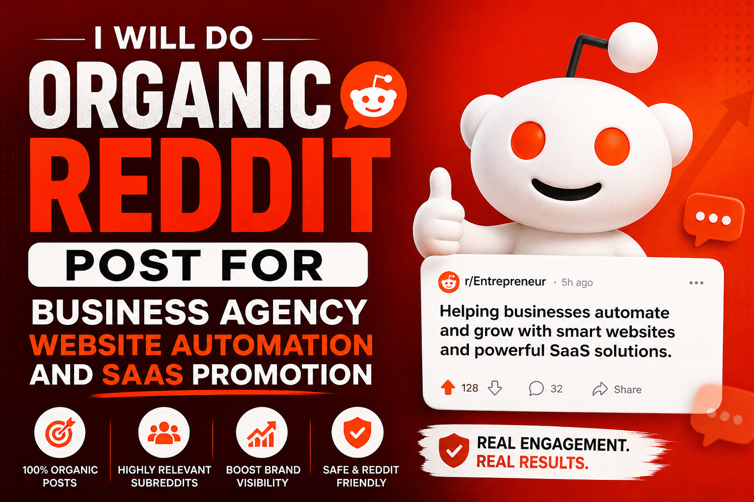 I will do organic reddit SEO post to promote brand business website link, ai app book saas product