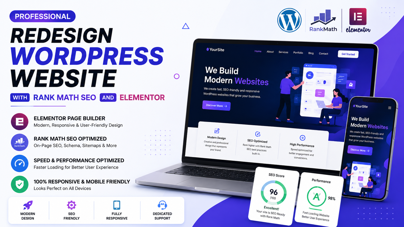Redesign WordPress website with Rank Math SEO and Elementor