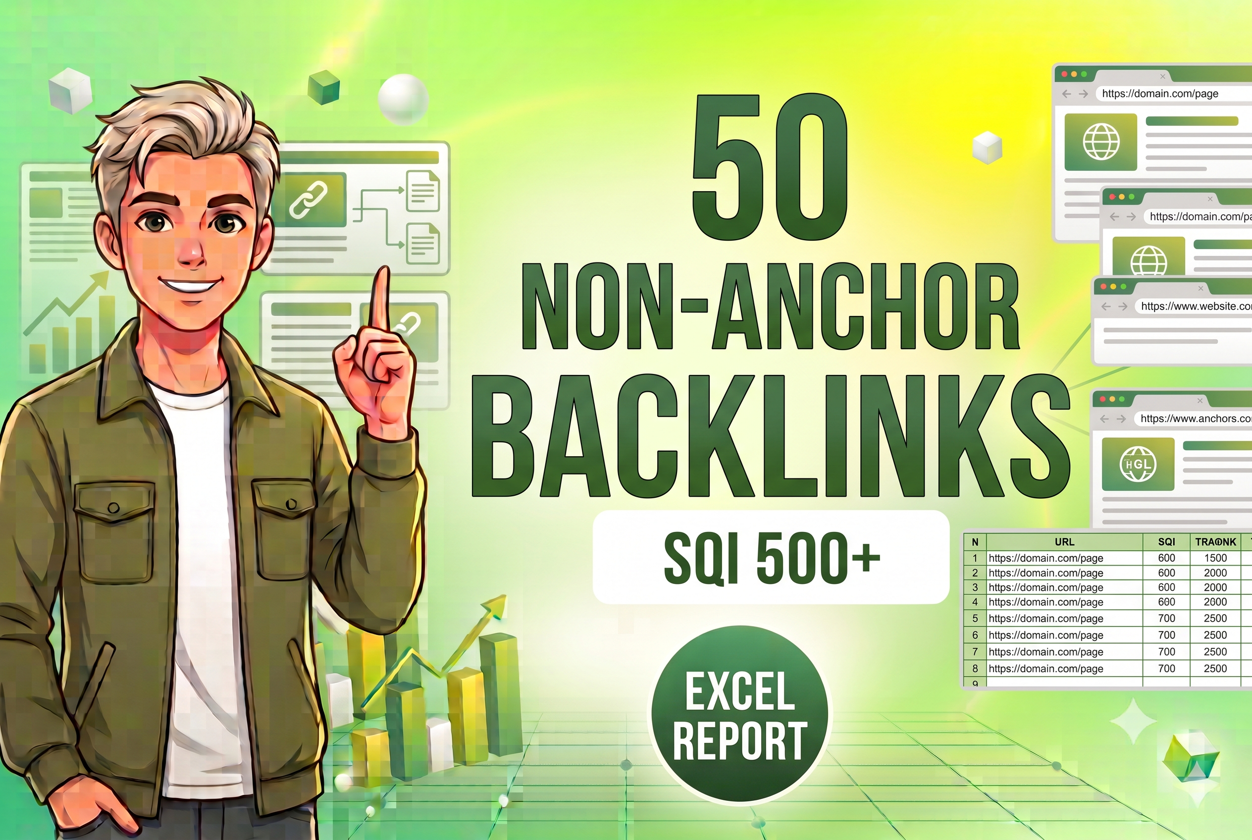I will manually place 50 non-anchor backlinks from SQI 500+ sites