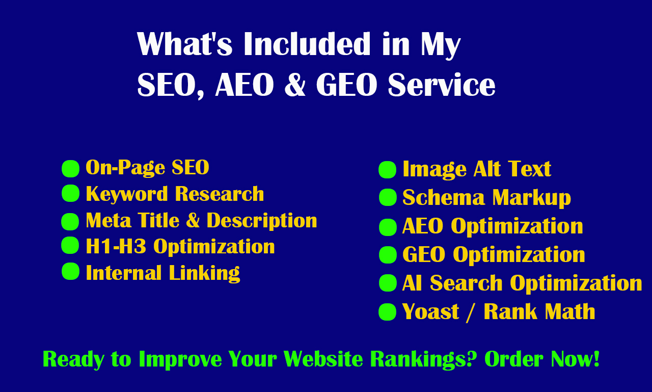 I will do on page SEO, AEO, GEO optimization and keyword research for higher rankings
