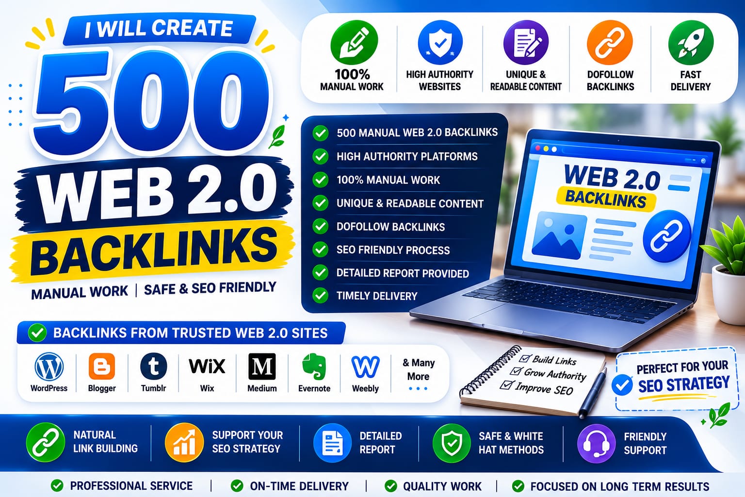 I Will Create 500 Manual Web 2.0 Backlinks with High Authority Platforms
