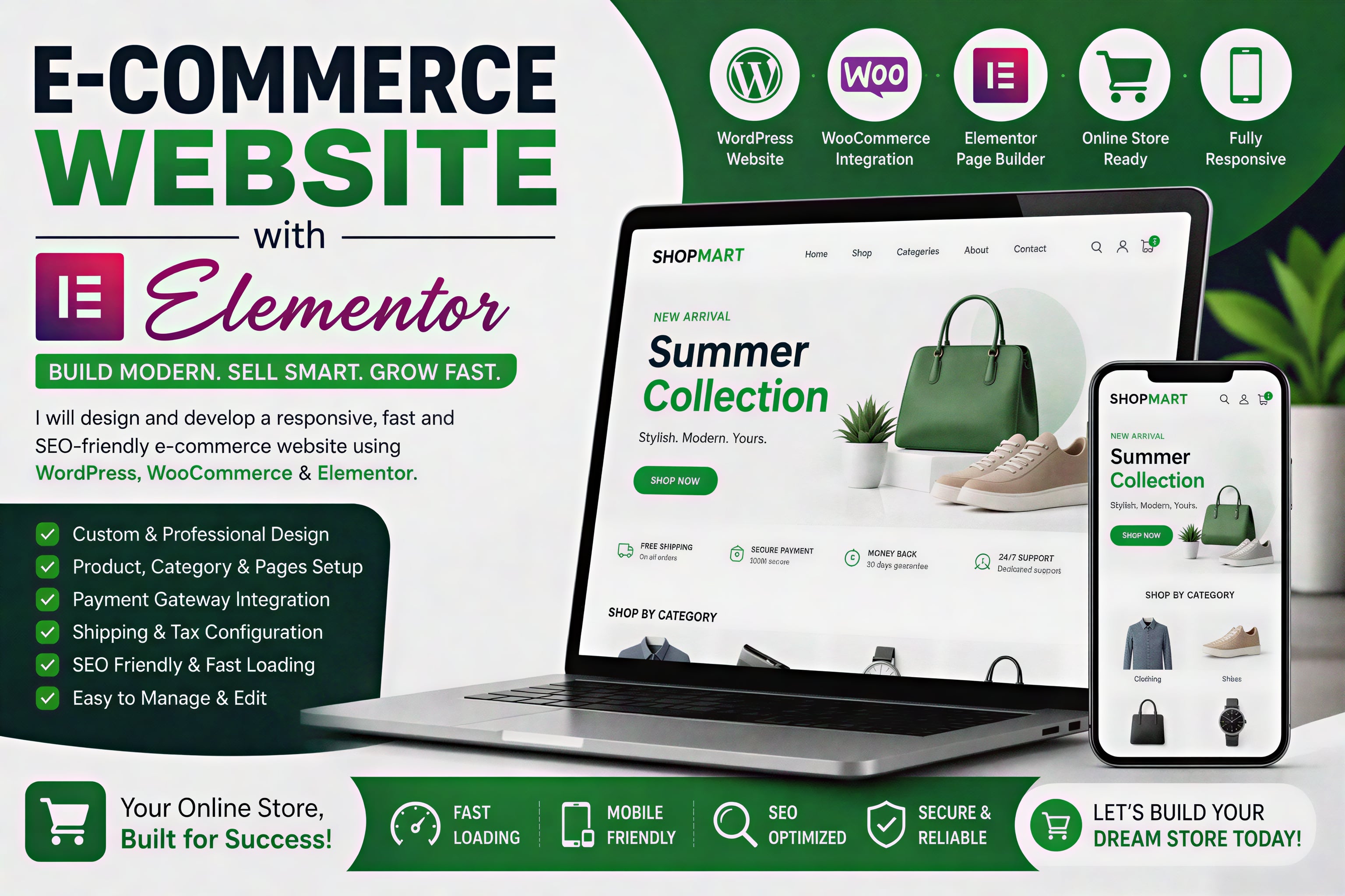 Create a modern and responsive WordPress e-commerce website using Elementor