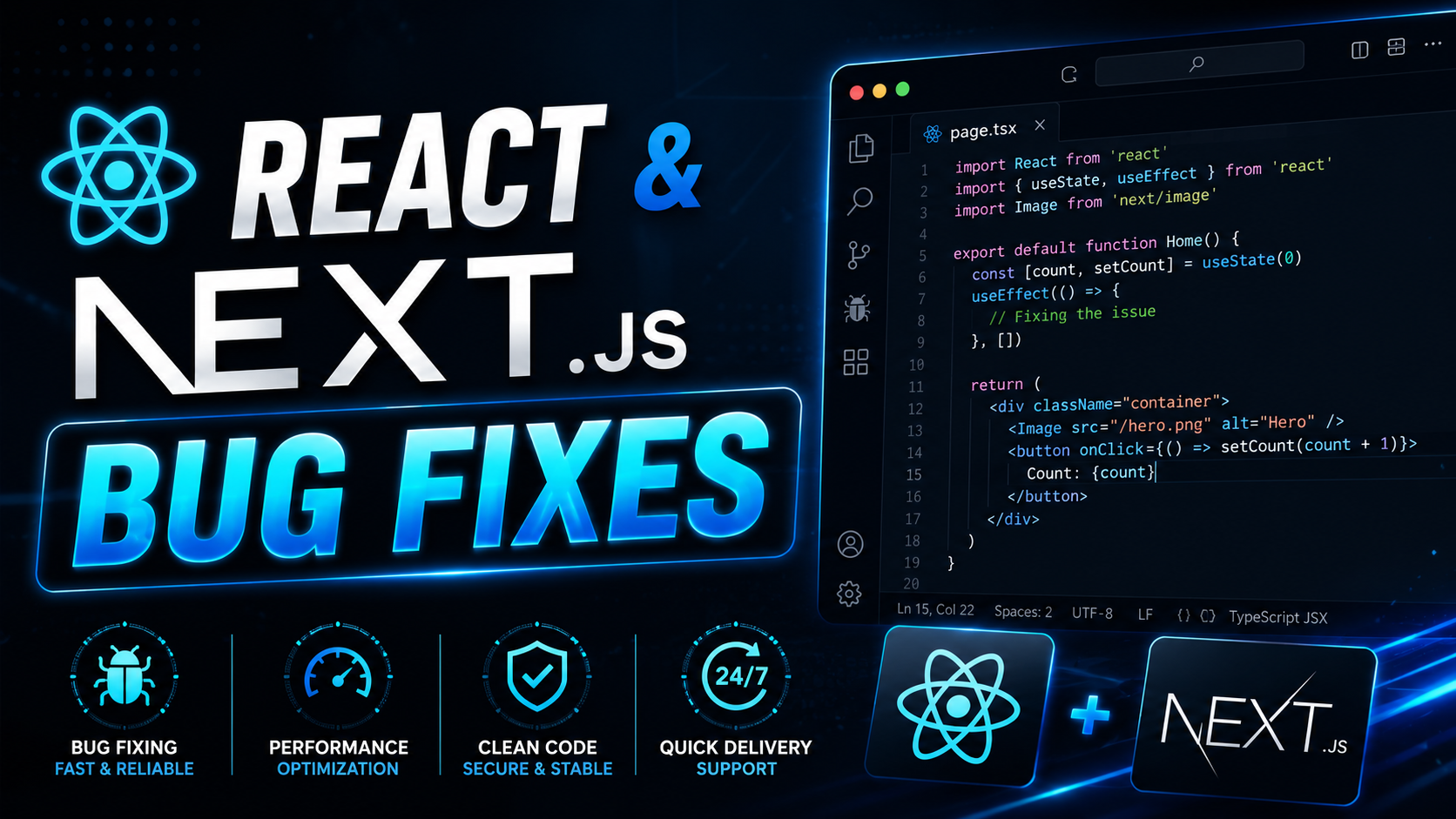 I will fix bugs or add custom features in React, Next.js, Nodejs, or Tailwind fast