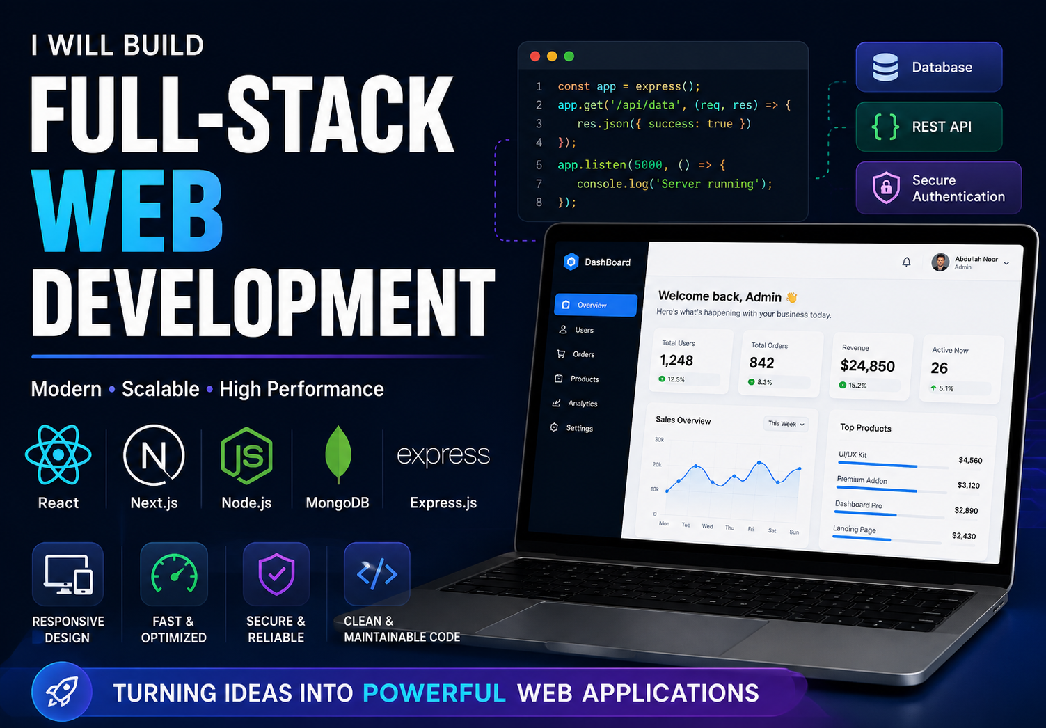 I build modern, interactive full stack web application with React and Node.js