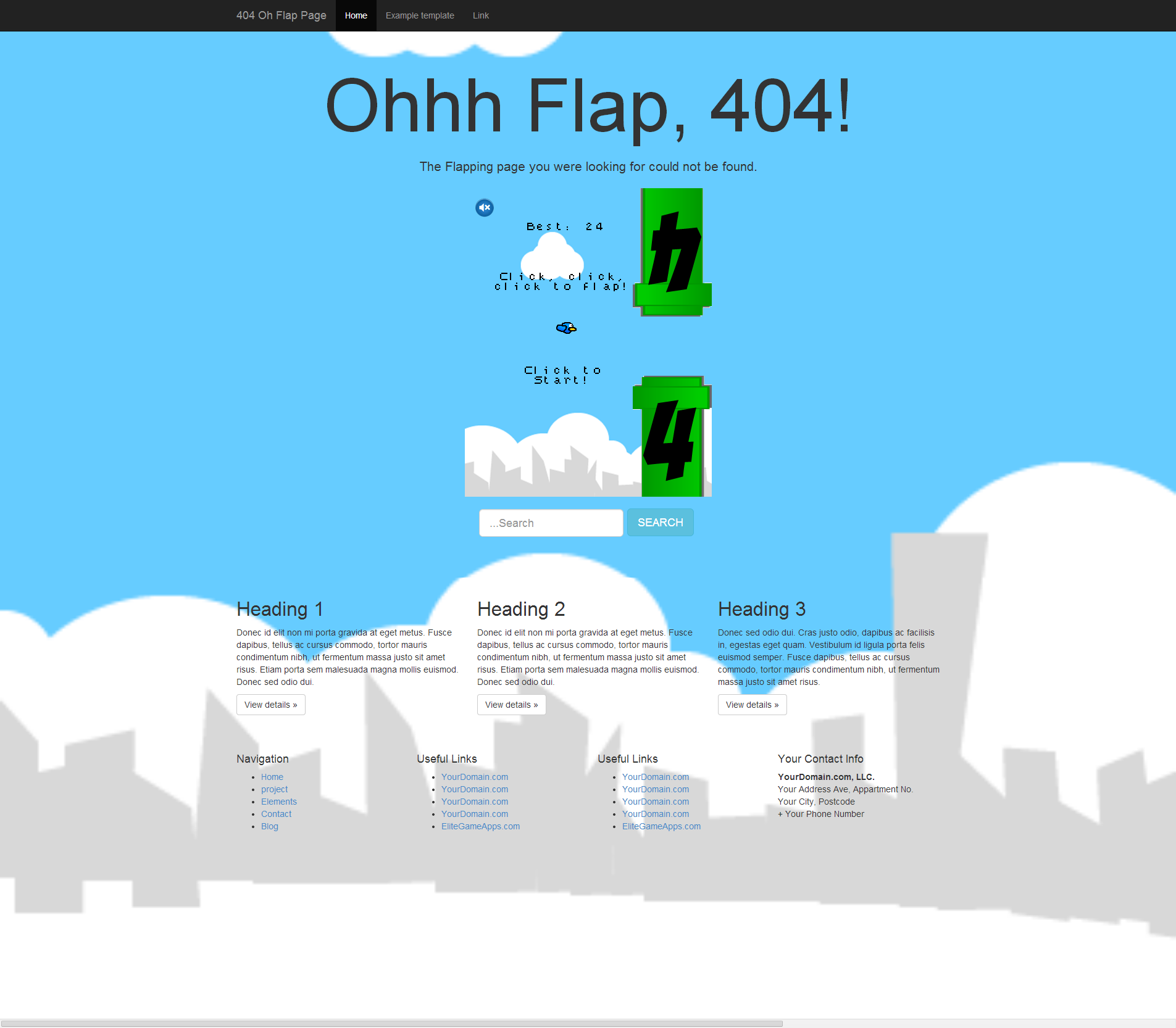 provide a 404 Flappy Bird error page - HTML5, Bootst...