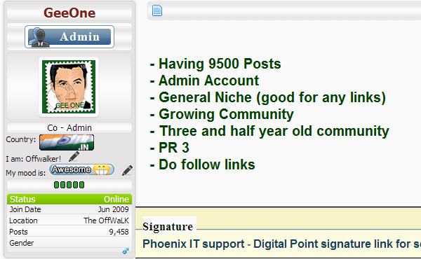 provide signature link in my account of Offwalk forums, having 9500+ posts 