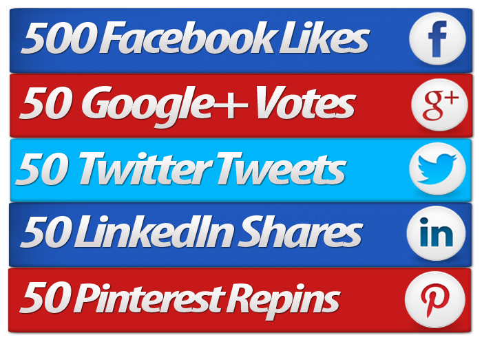 Build 500 Fb Likes + 50 Google+ Votes + 50 Twitter Tweets + 50 Linkedin Shares + 50 Pinterest Repins