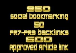 do 958 Social Bookmarking 50 PR7 to PR3 Profile backlinks 600 Approved article submission all round social marketing 