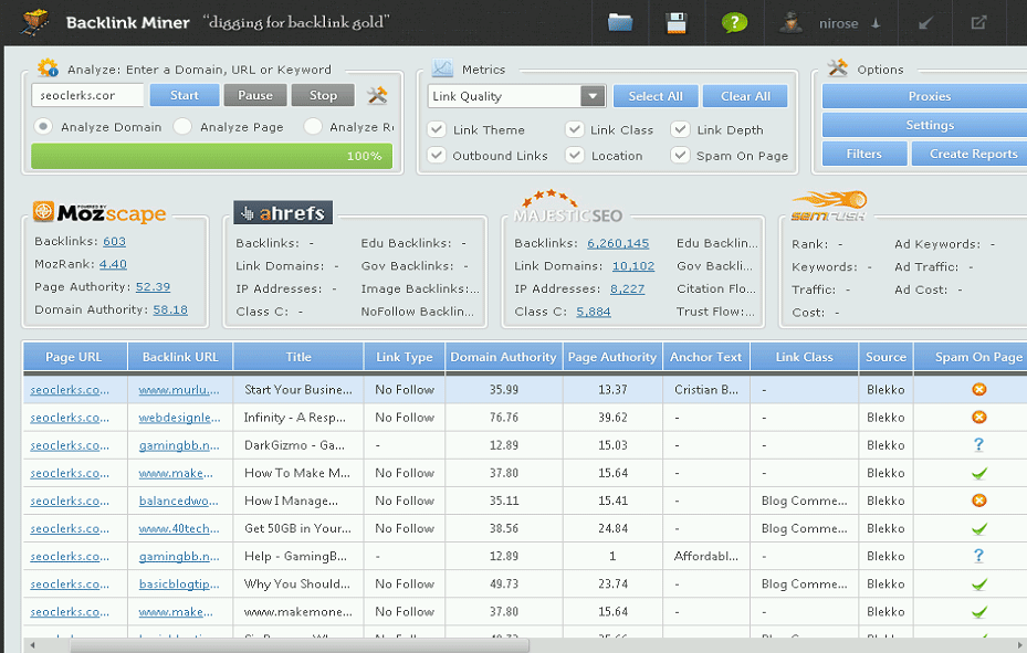 Get you backlink report from Backlink Miner