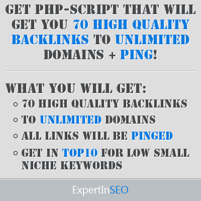 sell The ULTIMATE SEO PHP Script that will generate you 70 HIGH PR BACKLINKS for UNLIMITED DOMAINS + Ping to get indexed fast + Get in top10 of google within 2 days!