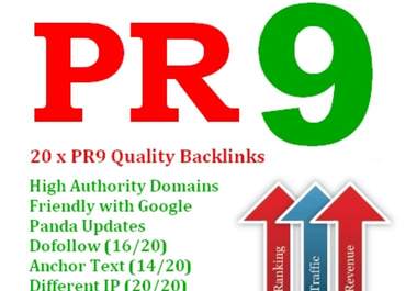 create you 20 +► PR9 backlinks from 20 different PR 9 high authority sites [ DoFollow, Anchor Text, Panda Penguin Frindly ] + pinging only