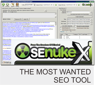 register your website to 22 high PR social bookmarking sites, 74 article directories, 29 social network sites, etc, using the SENuke X, only