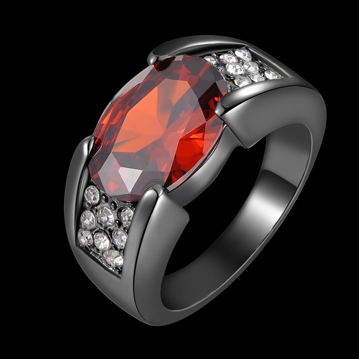 Solitaire Red Garnet Fashion Black 18K Gold Filled Man's Rings 