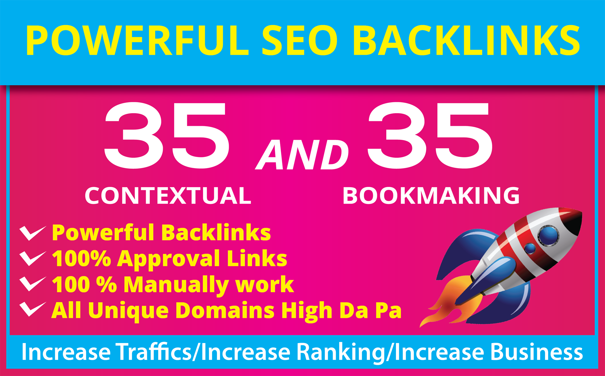 Build Seo Backlinks 35 Contextual + 35 SOCIAL Bookmaking Unique Domain High DA PA