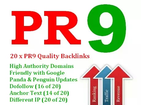 create you 20 PR9 backlinks from 20 different PR 9 high authority sites [ dofollow, Panda and Penguin compatible ] + pinging....