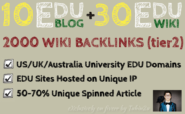 create 10 Dofollow Edu Blogs LinkWheel + 30 Edu Wiiki + 2000 Tier2 Wiki Backlinks Pointed on them ..@