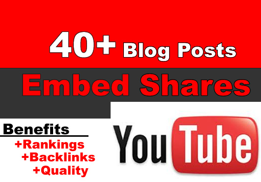  share and embed your YouTube video in over 40 blog posts with relevant content using my own websites network, contextual video backlinks...!!!!!!!!!!