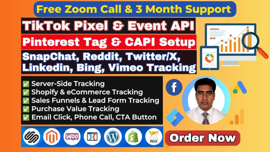Fix or Setup Tiktok Pixel, Piinterest Tag, Snapchat Pixel, Linkedin, Twitter, Reddit Pixel Tracking