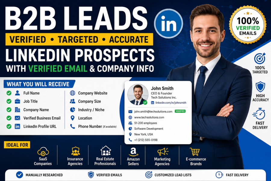 I will provide targeted B2B LinkedIn leads with verified emails and company information