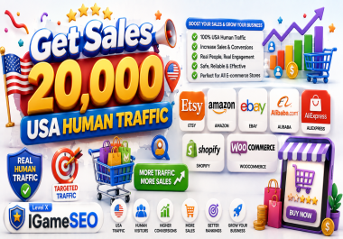 Get Sales 20,000 USA Human Traffic Etsy Amazon Ebay Alibaba AliExpress Ecommerce Shopify Woocommerce