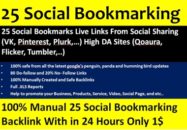 Instant 25 live Social Bookmarking links for Website or page or video within 24 hours