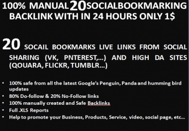 Instant 20 live Manually Social Bookmarking links for you Website or page or video within 24 hours