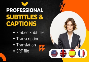 I will add transcribe SRT subtitles and captions to video in English,  Spanish,  French & more