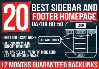 Best Offer 20 Sidebar & footer Homepage permanent DA/DR 80-50 BACKLINKS For 12 Months Guaranteed 