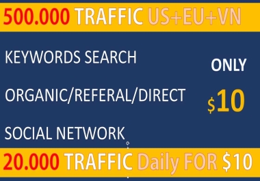 I will send 20.000 real traffics from social network,  organic traffic,  referral traffic
