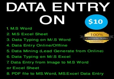 I'll do Data Entry work within before your expecting time with 100 Accuracy & Satisfaction