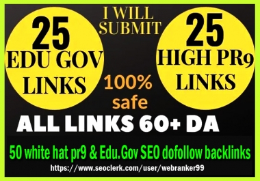 I will submit 50 white hat pr9 & Edu. Gov SEO dofollow backlinks,  link building