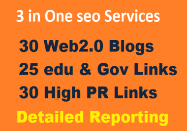 Provide 3 in One seo services 30 Web2.0 Blogs,  25 edu & Gov backlinks,  30 High PR Backlinks