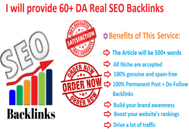 I will provide 60+ DA Real SEO Backlinks