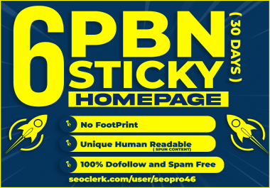 6 Homepage Sticky backlinks on High quality DA 70 PBNs for 30 days
