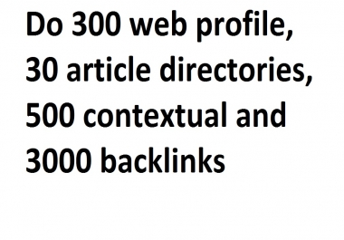I will do 300 web profile,  30 article directories,  500 contextual and 3000 backlinks