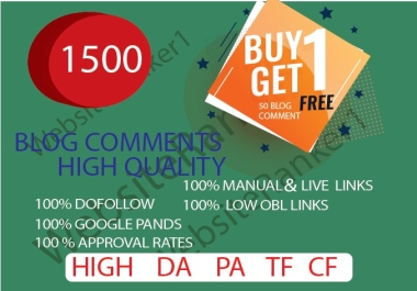 I will create Manually dofollow 1500 Blog comments Backlinks on High DA PA TF CF