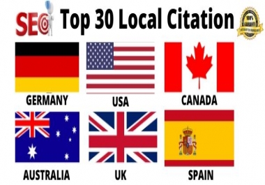 I will do 30 local citations for GERMANY, USA, CANADA, AUSTRALIA, UK, SPAIN local listing business