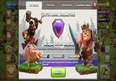 I will trophy up to legend in any divisions clash of clans account