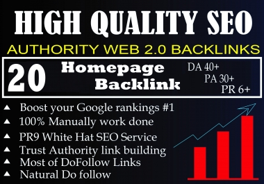 I Will Provide DA 40+ PA 30+ PR 6+ Web2.0 20 homepage Backlink in 100 do-follow in unique site