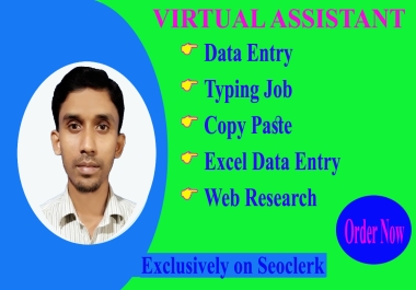 I will be your Virtual Assistant for Data Entry,  Copy Paste job,  Typing,  and Web Research