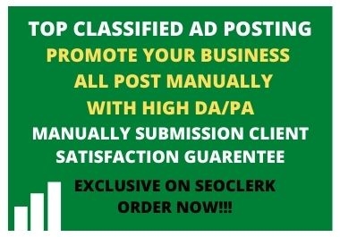 I will do 20 manually ad posting on top rank rated classified ad posting sites