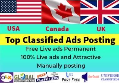 I will do manually post USA,  UK and Canada 50 top classified ads posting sites