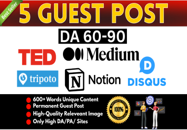 Write and Publish 5 Guest Posts with DA 60-90+ On High DA PA Backlinks