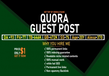 Get top of google rank via quora guest post. High DA,  PA & 20 years old domain permanent Backlink