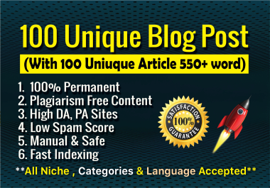 Write and publish 100 unique blog posts on high DA sites SEO backlinks.