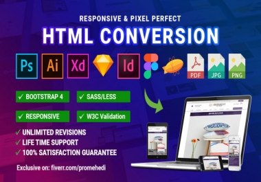I will do figma,  sketch,  psd,  pdf,  xd to html responsive bootstrap 4.5