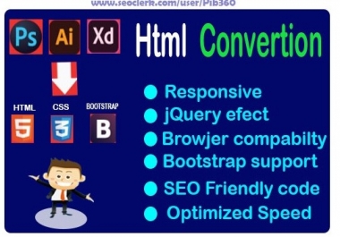I will design a responsive web page or site by converting JPG,  PSD,  XD,  AI to HTML