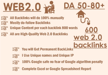 I will manually create 600 high da super web 2 0 backlinks
