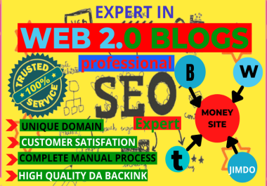 I will Create 25+ High Authority DA Dofollow Web2.0 Blog Backlinks for Rank your website.