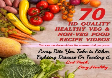 I will give 70 HD quality commercial usage allowed healthy veg and non-veg food recipe videos